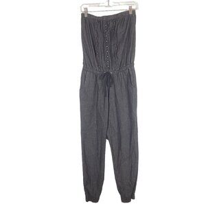 579 Small Strapless black Denim Jumpsuit Lightweight Faux Buttons Jogger‎ Pullon